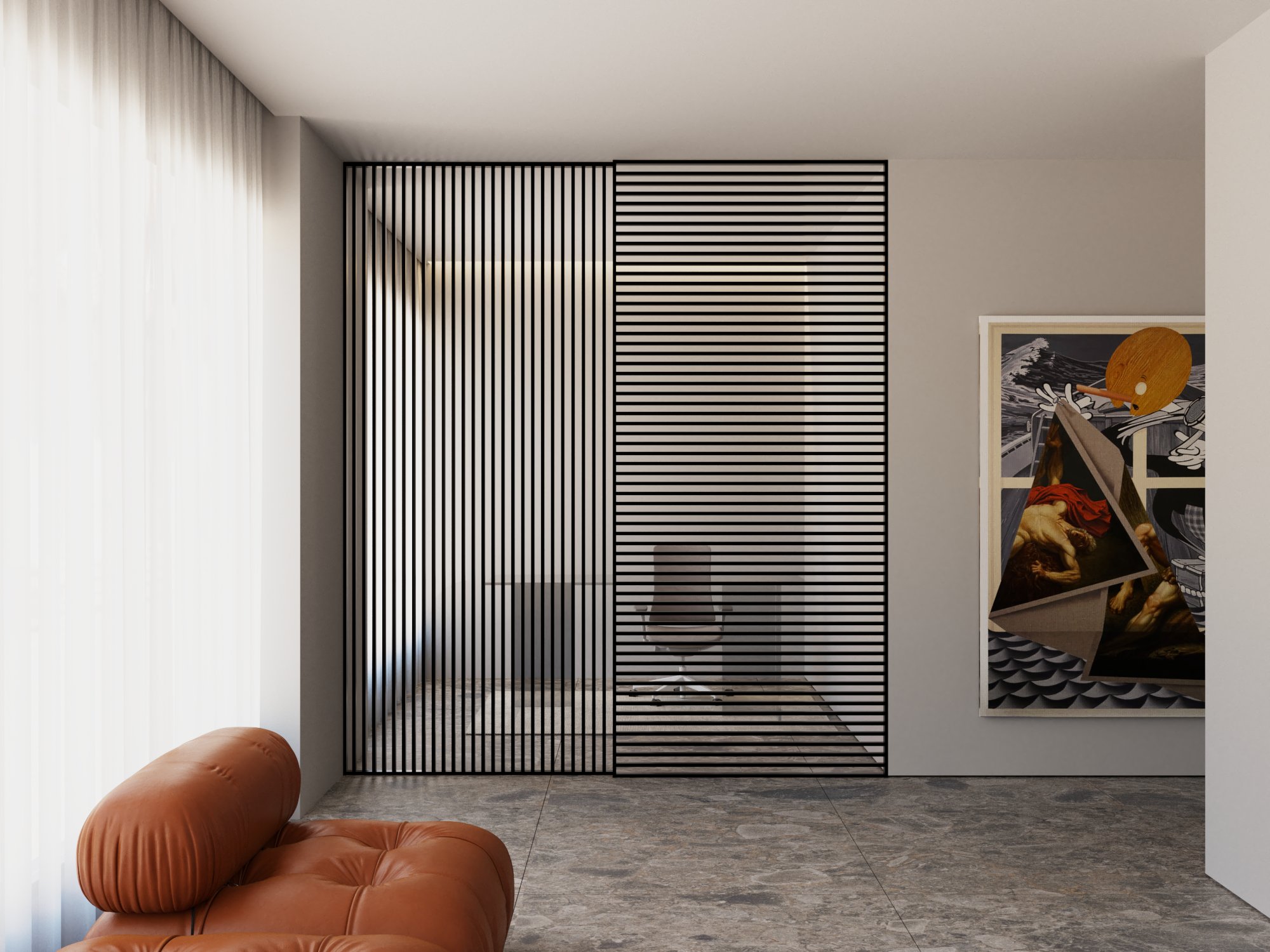 Puerta corrediza de vidrio en interior arquitectónico